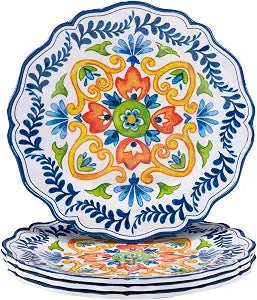Flores Melamine Dinner Plates, Set of 4 Colorful Outdoor Dinnerware, Break-Resistant & Dishwasher Safe, Great for Patio, RV, and Everyday Dining