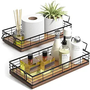 Acacia Toilet Paper Basket 2PCS 13 Inch Bathroom Tank Tray Basket Top of Toilet Storage Toiletries Organizer for Bathroom, Living Room and Kitchen (Acacia & Black)