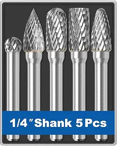 Sworker 5Pcs Carbide Burr Set 1/4 Shank w/Clear Box Head Dia 8mm Die Grinder Bits Rotary Tools Attachment Kit Rasp File Accessories Metal Wood Stone Steel Grinding Deburring Cutting Porting Carving