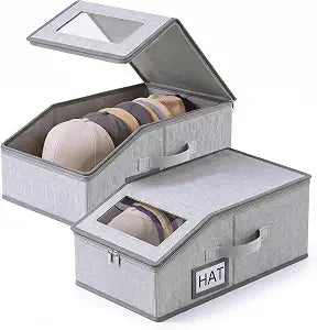 2 Pcs Stackable Hat Storage for Baseball Caps With Breathable Clear Window Lid, Flip-Top Access,Dust-Proof Zipper,Durable Cardboard Base,Space-Saving Cap Box
