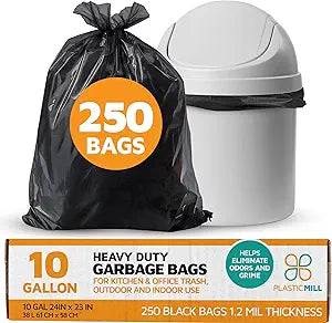 PlasticMill Heavy Duty Trash Bags - Black Garbage Bags - Plastic Trash Bags - Kitchen, Bathroom, Office Garbage Bags, Trash Can Liners - 7-10 Gallon Small Trash Bags, 1.2 Mil, 24"x23" (250-Count)
