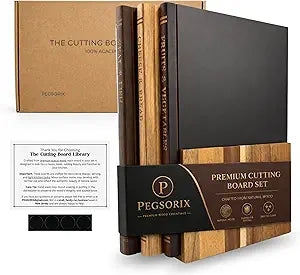 The Cutting Board Library (Original Design) | Decorative Kitchen Board Collection Bundle with Display Stand | Premium Acacia Wood | Stabilized Non-Slip Base