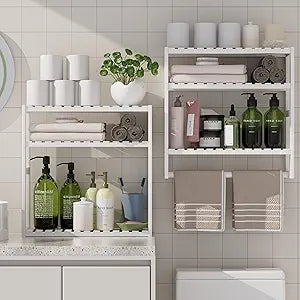 Towel Rack Bathroom Storage Shelves Over The Toilet with Towel Bar 100% Bamboo Adjustable Height Floating Shelf Wall Shower Shelf for Small Space Bathroom Kitchen Multi Usage White New 2Pack
