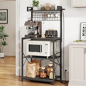 SNTD Bakers Rack with Power Outlet, Kitchen Shelves Microwave Stand with Wire Grid and 10 Hooks, 4 Tiers Coffee Stand (Grey, 23.5 x 15.6 x 52.8 Inches)