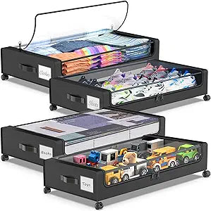 Beborxue Under Bed Storage with Wheels, 4-Pack UnderBed Storage Containers with Clear Lids, XXL 60L Under the Bed Storage Organizer Bins, Rolling Under Bed Metal Drawer for Clothes,Shoes,Toys (Black)