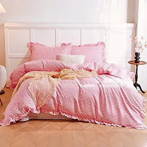 100% Cotton Ruffle Gingham Duvet Cover Sets Classic Checkered King Size