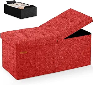 HAUSFRAU 31.5 Inches Ottoman with Storage Bench, Folding Ottoman Bench Small Foot Rest Stool, Bedroom Bench with Flipping Lid, Linen Red