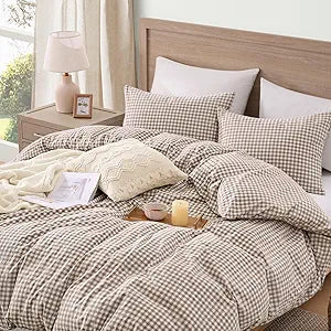 Andency Tan Gingham Duvet Cover Queen, 100% Wash Cotton Linen Like Textured Breathable Comforter Cover Set, 3 Piece Brown Classic Yarn-Dyed Checkered Plaid Bedding Set, 90"*90"