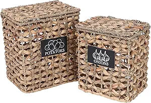 2 Pack Potato and Onion Storage, Onion Container Potato Bin with Lids, Handwoven Vegetable Storage Produce Basket, Mesh Basket with Aerating Holes, Kitchen Pantry Organizer and Storage