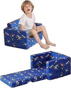 lasoftan Toddler Couch, 2-in-1 Soft Kids Couch Bed Fold Out, Toddler Chairs Comfy for Boys & Girls, Convertible Kids Sofa to Lounge for Playroom, Gift for Birthday, Children's Day - Blue Motorcycle