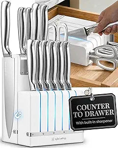 Magnetic Knife Set with Sharpener - Space Saving Convertible In Drawer Knife Block with Stainless Steel Kitchen Knives - Knife Drawer Organizer, German Steel Knife Set