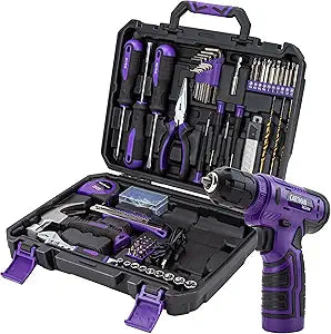 CARTMAN 150-Piece Household Tool Set, 8V Cordless Drill Driver Kit, Complete Hand Tool Kit for Home Maintenance, DIY Projects and Repairs, Purple