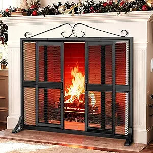 Fireplace Screen with Sliding Doors, 37.8" L x 30.7" W Hand-Forged Iron Fire Place Screens Stand Alone Heavy Duty, Decorative Fireplace Door Gate Cover Guard for Living Room Children and Pet Proofing