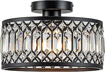 Rpzloila Crystal Ceiling Light Fixture, Modern Flush Mount Ceiling Light, Black Crystal Chandelier for Kitchen Bedroom Bathroom Entryway Hallway