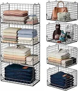 Jakyitvi 4-Tier Extra Height Stackable Closet Organizer Foldable Storage Bins for Sweaters, Jeans, and Clothes Sturdy Iron Mesh Shelves for Neat and Efficient Closet Storage Black