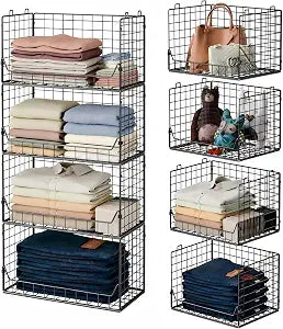 Jakyitvi 4-Tier Extra Height Stackable Closet Organizer Foldable Storage Bins for Sweaters, Jeans, and Clothes Sturdy Iron Mesh Shelves for Neat and Efficient Closet Storage Black