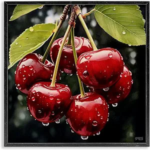 Cherries with Water Droplets Fruit, 17 x 17 Inch Framed Gicle Print