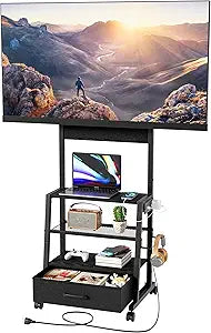 Rolling TV Stand with Wheels and Mount - Small Corner TV Stand with Power Outlet for 32-55 inch TV, Entertainment Center with Fabric Drawer Storage for Living Room Bedroom, Black