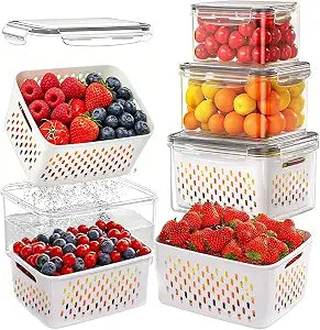 3 Pack Fruit Storage Containers for Fridge with Removable Colander Airtight Produce Storage Containers with Lids, BPA-Free Berry Keeper for Vegetables, Lettuce & Meal Prep (29oz+59oz+112oz)