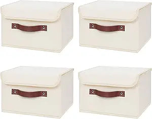 ANMINY 4PCS Storage Bins with Lid PU Leather Handles Storage Boxes PP Plastic Board Decorative Foldable Lidded Cotton Linen Fabric Home Cubes Baskets Closet Organizer Containers - Beige, Small Size