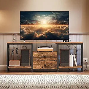 YATINEY TV Stand with Power Outlet Up to 60 Inch, Entertainment Center with 2 Fabric Drawers, TV Console Table with Open Storage Shelves for TVs, Cable Management, for Living Room, Bedroom, DS14UBRY1