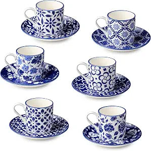 Madison 6-Piece Espresso Cup & Saucer Set, 3.25 oz Porcelain Cups with 4.75-Inch Saucers, Intricate Blue & White Patterns, Durable & Dishwasher Safe, Perfect for Espresso & Giftable Elegance