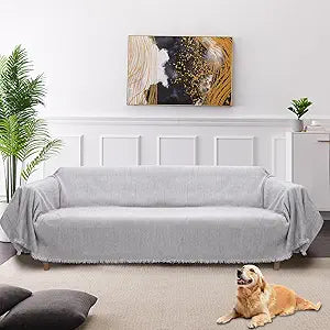 VINGVO Chenille Couch Cover for Dogs Cats, Washable Reversible Tassel Edge Antislip Thickened Soft Dog Sofa Cover Blanket Protector Furniture (Gray, 71 x 118)