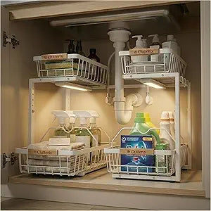 Under Sink Organizer with Motion-Activated LED Lights, 2 Pack, 2 Tier Sliding L-Shaped Carbon Steel Rack with Adjustable Height, Dividers & Hooks (White)
