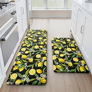 MAYHMYO Lemon Kitchen Mat Set of 2 - Anti Fatigue Mats for Kitchen Floor - Non Slip Cushioned Rugs for Standing - Lemon Decor (17.3"29"+17.3"47"-0.4") Black