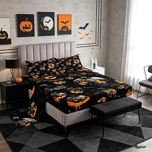 Feelyou Happy Halloween Bed Sheets Set Pumpkin Fitted Sheet Full Size 4 Pcs