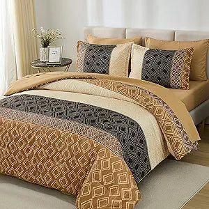 Dinjoy Boho Queen Comforter Set Brown,7 Piece Bed in a Bag Queen Size Lightweight Bedding Sets Striped Comforters Bed Set with Sheets for Family All Season