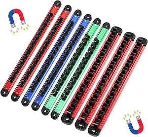 Ceenna 9 Set Magnetic Socket Organizer and Magnetic Screwdriver Organizer 6 Pcs 1/4", 3/8" & 1/2" Socket Rail Trays 3 Pcs Screwdriver and Wrench Holder Aluminum Alloy Tool Holder Red Blue Green