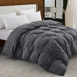 Pinch Pleat Goose Feather Down Fiber Comforters Queen Size, Grey 100% Cotton Duvet Insert, Fluffy Medium Warmth Bedding Comforter with Corner Loops (Grey, 90 x 90 Inch)