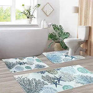 BBSET Sea Life Bathroom Rugs Sets 3 Piece Blue Runner Bath Mat Set with U Shaped Toilet Rug Non Slip Washable Bath Rugs for Sink Tub (Sea, 16x28+16x47+U Shape 20x24 inch)