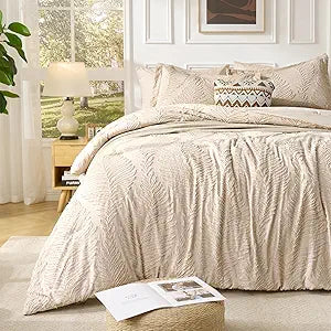 7 Pieces Tufted Boho Comforter Set Leaves Floral Khaki Farmhouse Shabby Chic Embroidered Bedding for All Seasons Queen Size with Comforter Sheets Pillowcases Shams