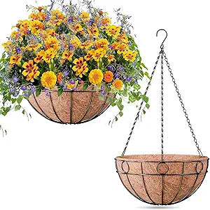 ZeeDix 2 Pack 14 Inch Metal Outdoor Plant Hanging Baskets, Round Wire Planter Basket with Coco Coir Liner, Large Hanging Flower Pots for Outdoor Garden Yard Patio Porch Balcony Decor