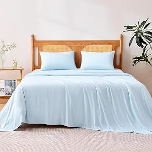 Amazon Basics Cooling Sheets, 4-Piece Bed Sheet Set for Summer, Soft and Breathable for Hot Sleepers, Bedding with 1 Deep Pocket Fitted Sheet, 1 Flat Sheet, and 2 Pillowcases, Queen, Blue