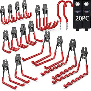 3-H Heavy Duty Garage Wall Hooks 20 Pack, Anti-Slip PVC Coating Wall Mount Garage Storage Utility Hooks, Heavy Load Organizer for Ladders, Yard Tools, Shovel, Weed Eater, Hoses & Bulk Items,Red