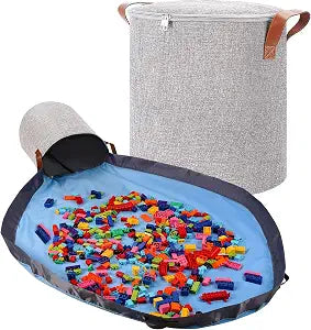 SAM AND MABEL XXL Toy Storage Organizer with Play Mat 15" x 15" x 16" Storage Bin for Kids Playroom, Foldable Fabric Bag and Basket for Nursery (Gray)