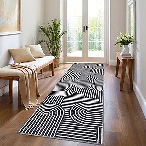 ROYHOME Modern Rug 2.5x10 Runners for Hallways, Abstract Kitchen Runner Rugs Non Slip Bath Mat, Rainbow Washable Runner Rug for Bedroom, Soft Long Rugs for Entryway Bathroom Laundry Dorm, Black