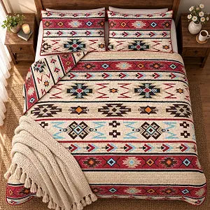 Rugs 4 Less Rustic Striped Southwestern Quilt Stitched Western Bedspread Bedding Set with Beige Brown Burgundy Turquoise Tribal Native American Patterns - Colorado (Full/Queen)