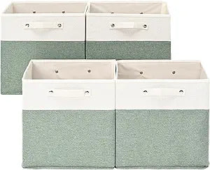 FinishingBo 13 x 13 Inch Fine Linen Storage Bins with HandlesFabric Cube BoxsBasket Organizers for Shelves for Home, Closet Drawers (White/Green-4 Pack )