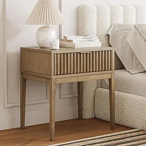 Nathan James Boho Jasper Wood Nightstand with Drawer, Fluted Side Table or End Table with Storage, Light Brown