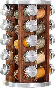 Orii 20 Jar Rotating Dark Acacia Wood Spice Rack with Spices Included & 5-Year Spice Refill Program Rustic Wood Countertop Spice Rack with Glass Jars