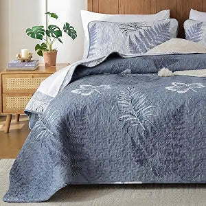 Dinjoy Blue Quilts Set King Size - Botanical Bedspread Bedding Set Floral Leaf Pattern Reversible Quilt Coverlet Set 3 Pieces, Summer Botanical Bed Cover All Seasons with 2 Pillow Shams
