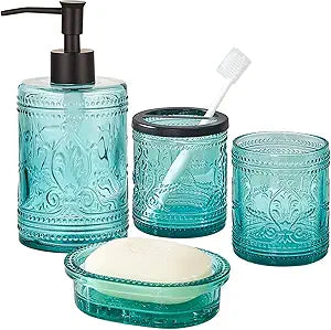 4PCs Teal Blue Glass Bathroom Accessories Set with Decorative Pressed Pattern - Includes Hand Soap Dispenser & Tumbler & Soap Dish & Toothbrush Holder (Bathroom Accessories Blue)