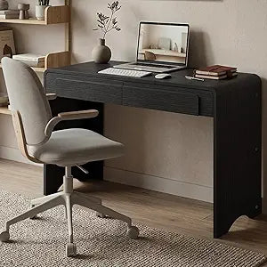 Bestier Computer Desk with 2 Drawers, 47 Inch Wood Home Office Desk, Small Writing Table with Curved Handles & Waterfall Rounded Edges, Cute Modern Desks for Bedroom Study Living Room, Black