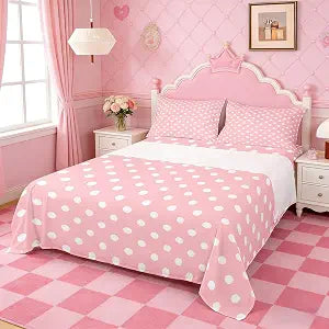 Manfei Polka Dot Sheet Set Queen Size,Cute Simple Geometric Dots Bedding Set,Pink White Cartoon Bed Sheet Set 4pcs with Deep Pocket Fitted + Flat + 2 Pillowcases,Kids Boys Girls Room Decor