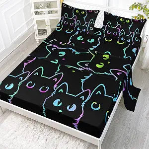 Axolotl Kids Bedding Cartoon Cat Sheet Set Twin Size,Gradient Line Cute Cat Bedding Set,4Pcs Kawaii Bed Sets with 1 Fitted Sheet 1 Flat Sheet 2 Pillowcases for Kids Boys Girls Adults Teens,Black