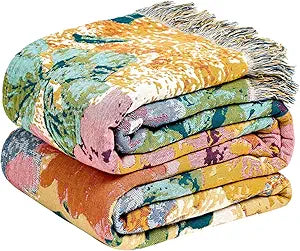 LUTBM Boho Throw Blanket for Bed Cotton Summer Blankets for Bedroom Living Room All Season Lightweight Floral Embroidery Reversible Twin Quilt for Couch Sofa Chair 60"x80" Home Decor